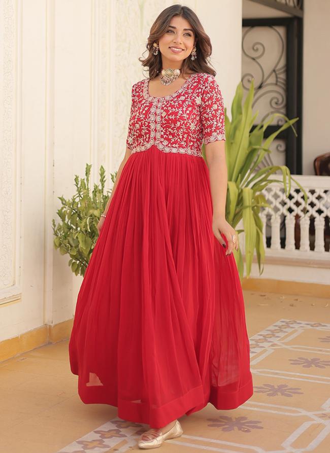 Faux Blooming Red Party Wear Embroidery Work Readymade Gown